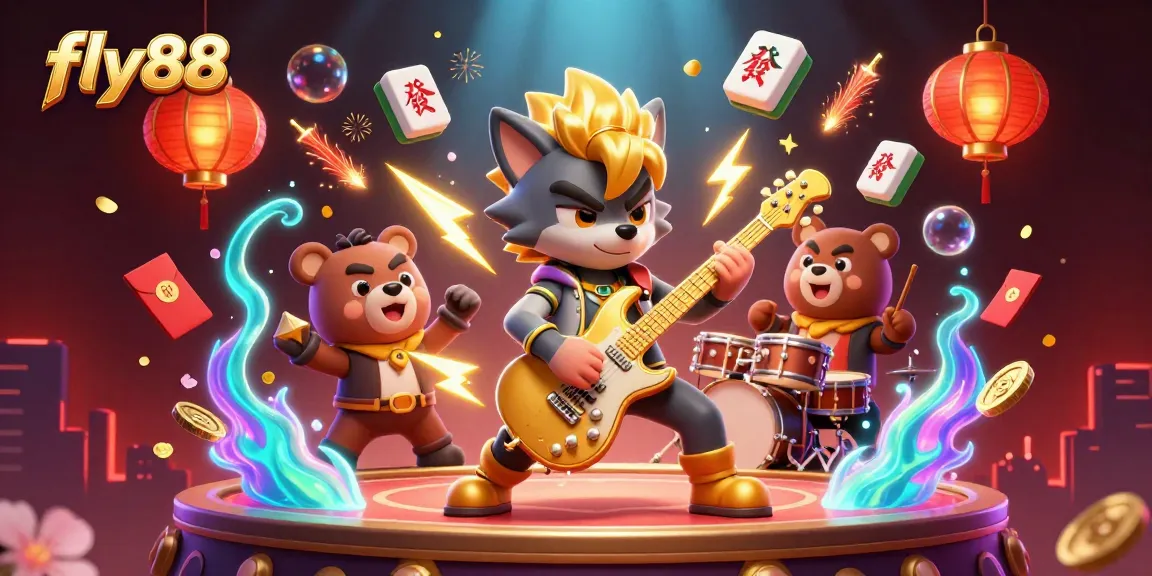 Experience the thrilling fly88 vibe with a dynamic casino concert featuring a rock star wolf and drummer bear.