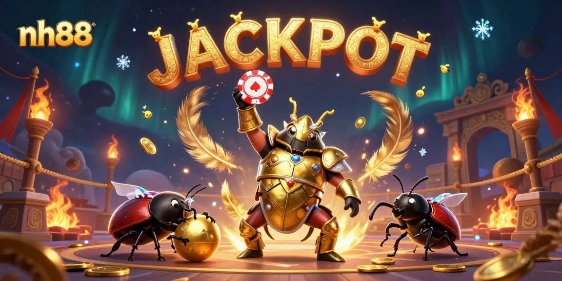 nh88's dynamic victory scene with a beetle hero and vibrant jackpot symbols in action