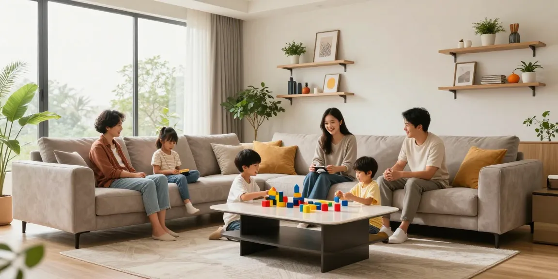 Eine Familie, die gemeinsame Zeit in einem gemütlichen Wohnzimmer mit einem stilvollen 3-Sitzer-Sofa genießt und die Essenz eines Möbel Shops online zeigt.