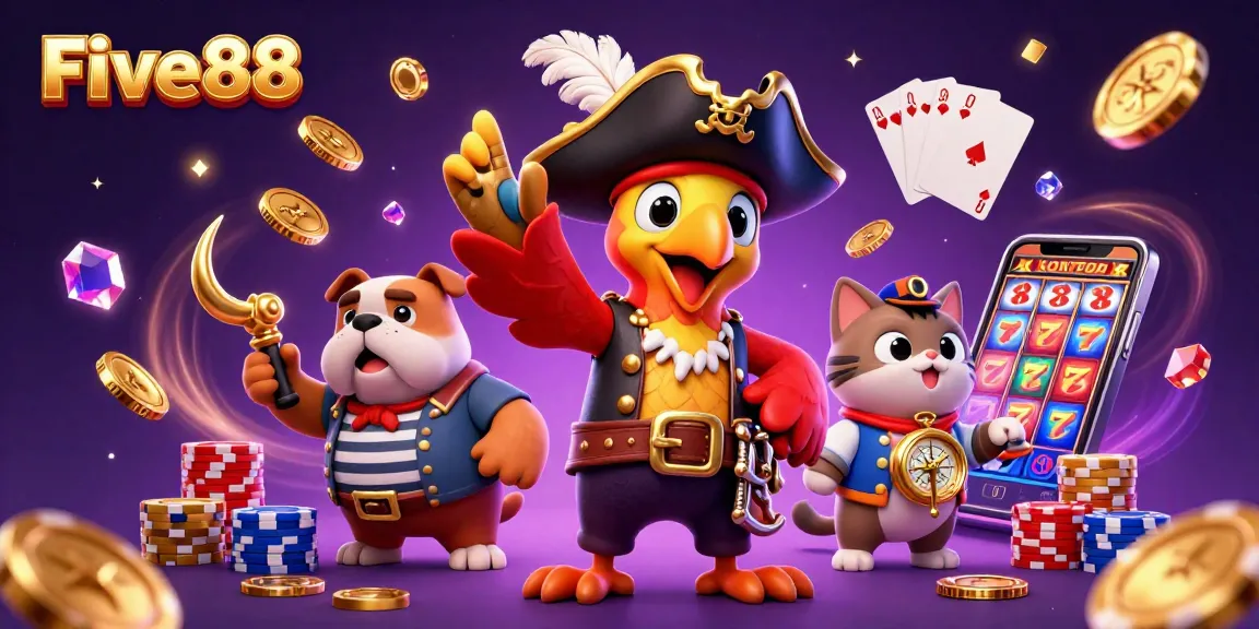 Five88 captures the excitement of online gambling with a vibrant 3D illustration of a pirate crew surrounded by casino elements.