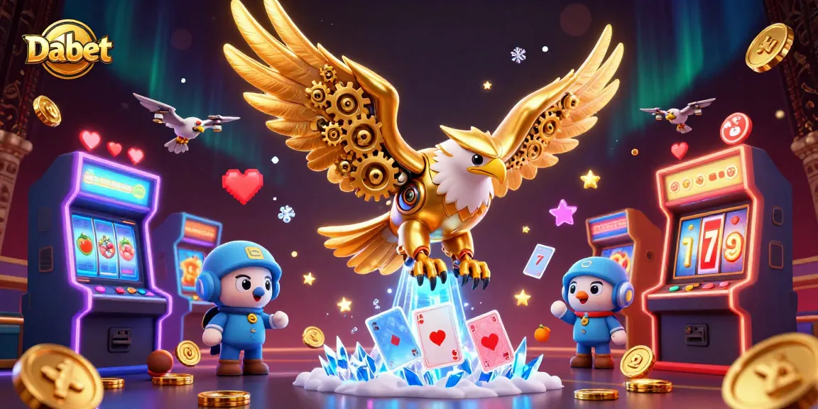 Dabet's 3D cybernetic eagle dives through holographic cards, capturing the thrill of casino gaming.
