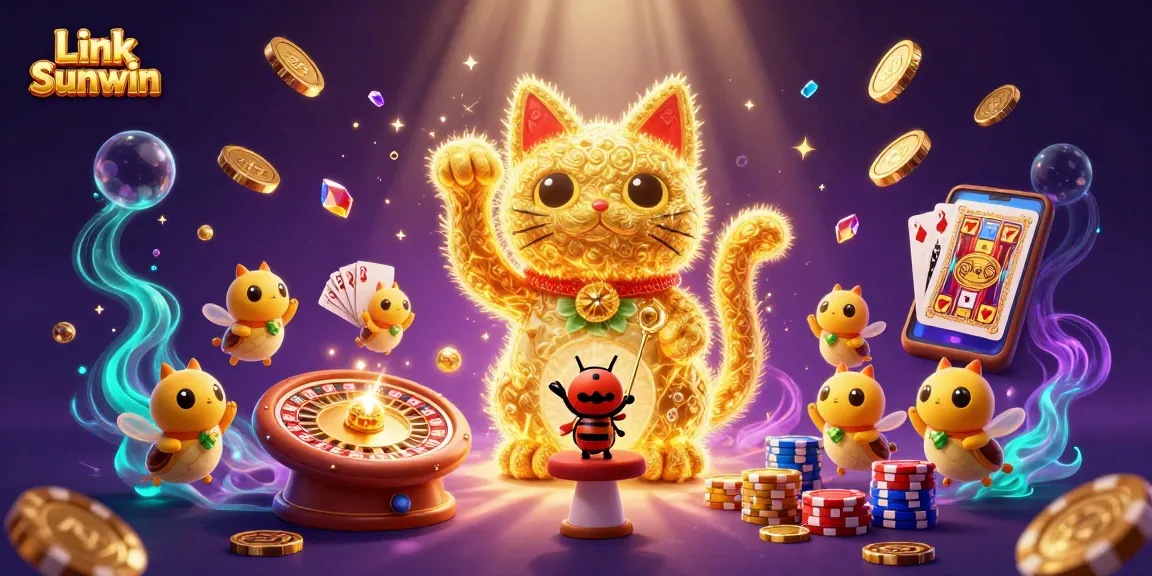 Experience the thrill with Link Sunwin in this artistic scene of a lucky cat and vibrant casino elements.