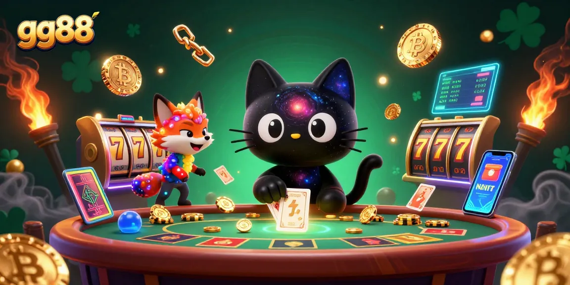 Win big with gg88's cosmic casino experience featuring a black hole cat and slot reels.